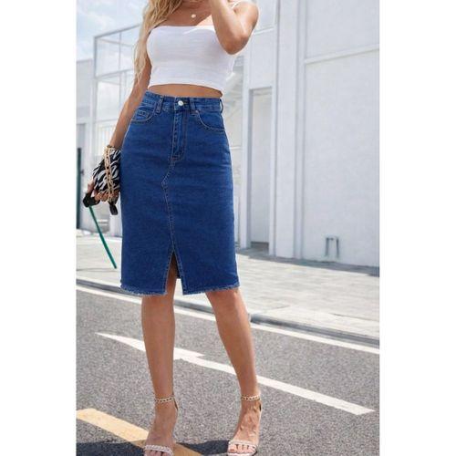 Kadın Yüksek Bel önden Yırtmaçlı Kısa Kot Etek