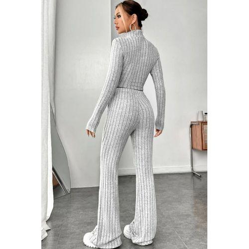 Kadın Gri Çizgili Boğazlı Crop Top Yüksek Bel Pantolon Takım Şık 2’li Set
