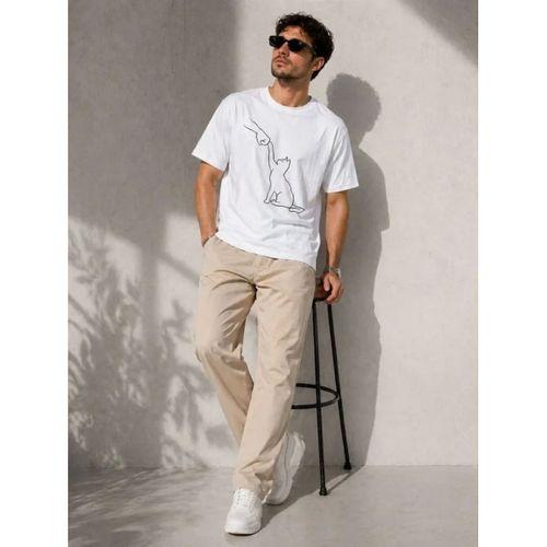 Erkek Minimal Kedi Çizim Baskılı Tişört Kısa Kol Yazlık T-Shirt - Beyaz
