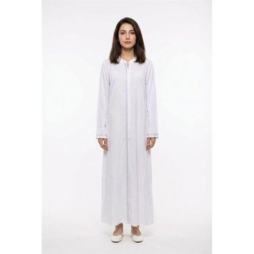 Uzun Kol Mihrimah Nakışlı Yazlık Şile Bezi Ferace Beyaz Byz