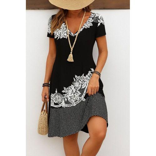 Kadın Kısa Kollu V Yakalı çiçek Baskılı Süprem Elbise