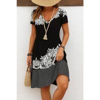 Kadın Kısa Kollu V Yakalı çiçek Baskılı Süprem Elbise