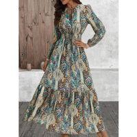 Kadın Uzun Kollu Uakadabağcıklı Beli Lastikli Desenli Uzun Süprem Elbise