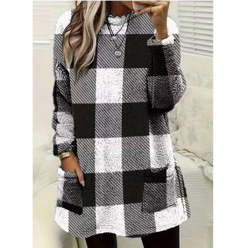 Kadın Uzun Kollu Yarı Balıkçı Yakalı Cep Detaylı Ekoseli Dokuma Tunik