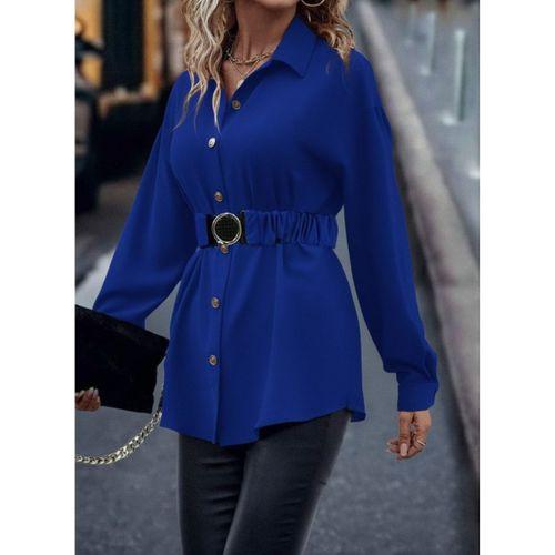 Kadın Uzun Kollu Yakalı önden Düğmeli Belden Kemerli Ithal Krep Bluz