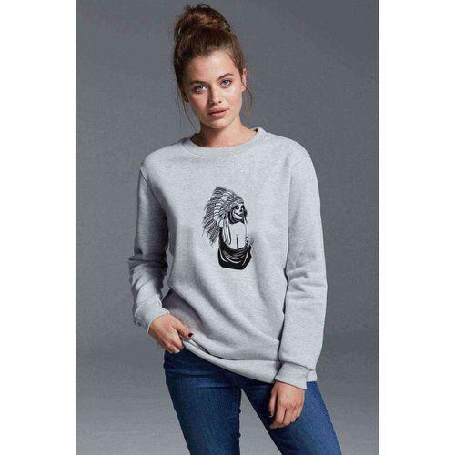 Skull Kızılderili Baskılı Gri Kadın Sweatshirt