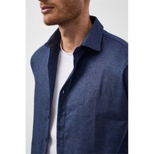 Pixel Relaxed Fit Pamuklu Mikro Çizgili Flanel Erkek Gömlek - Lacivert