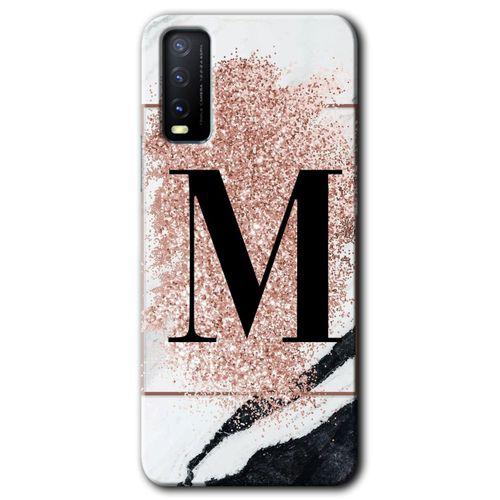 Vivo Y20 Kılıf HD Desen Baskılı Arka Kapak - Pembe Mermer Desenli M Harfi