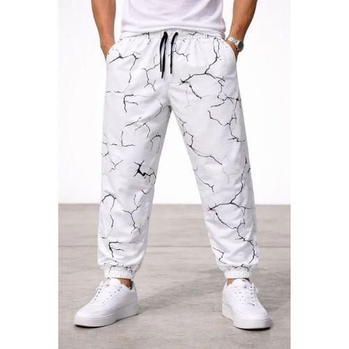 Erkek Dijital Baskılı Eşofman Altı Kışlık Üç İplik Şardonlu Kumaş Lastikli Paça, Cepli, Rahat Kalıp - Beyaz