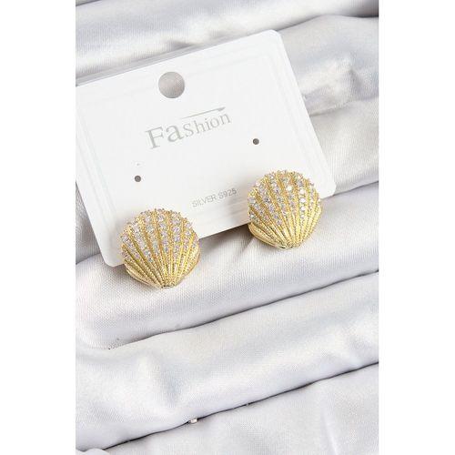 Pirinç Zirkon Taşlı İstiridye Model Gold Renk 925 Ayar Gümüş Çivi Kadın Küpe