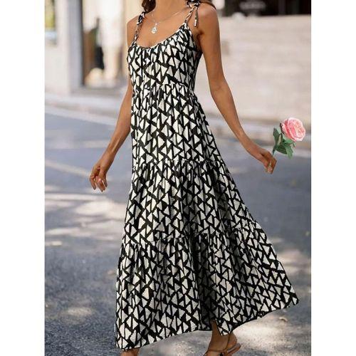 Kadın Askılı Yuvarlak Yaka Fırfırlı Desenli Uzun Bürümcük Elbise