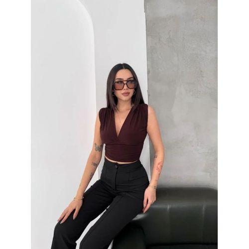 Vatkalı Kolsuz V Yaka Drapeli Crop Bluz Likralı Fit - Kahverengi