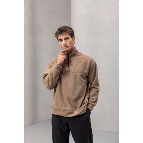 Crowe Çizgi Şeritli Oversize Yarım Fermuar Polar Erkek Sweatshirt - Bej