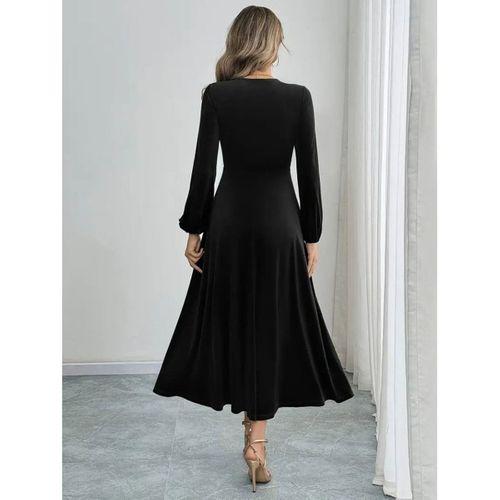 Kadın Uzun Kollu Bisiklet Yaka Midi Kadife Elbise