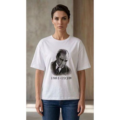 Atatürk Baskılı Tişört Kısa Kollu Bisiklet Yaka T-Shirt - Beyaz