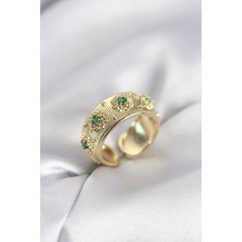 Yeşil Zirkon Taşlı Gold Renk Vintage Kadın Yüzük