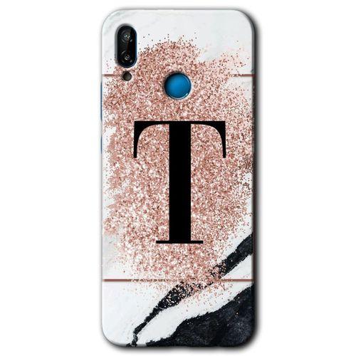 MRCİLETİSİM Huawei P20 Lite Kılıf HD Desen Baskılı Arka Kapak + Temperli Cam - Pembe Mermer Desenli T Harfi