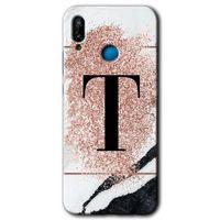 MRCİLETİSİM Huawei P20 Lite Kılıf HD Desen Baskılı Arka Kapak + Temperli Cam - Pembe Mermer Desenli T Harfi