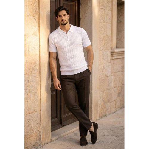 Burke Saç Örgü Yarım Fermuarlı Kısa Kollu İnce Triko Erkek T-Shirt - Ekru