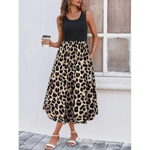 Kadın Askılı Yuvarlak Yaka üst Viskon Alt Leopar Desenli Süprem Uzun Elbise