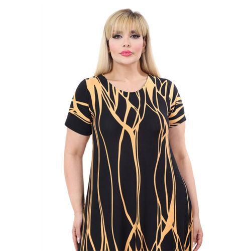 Melsay Butik Kısa Kollu Asimetrik Kesim Sarı Dalgalı Reflektör Desen Büyük Beden Elbise