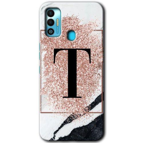 Tecno Spark 7T HD Baskılı Kılıf + 9D Tam Ekran Koruyucu - Pembe Mermer Desenli T Harfi