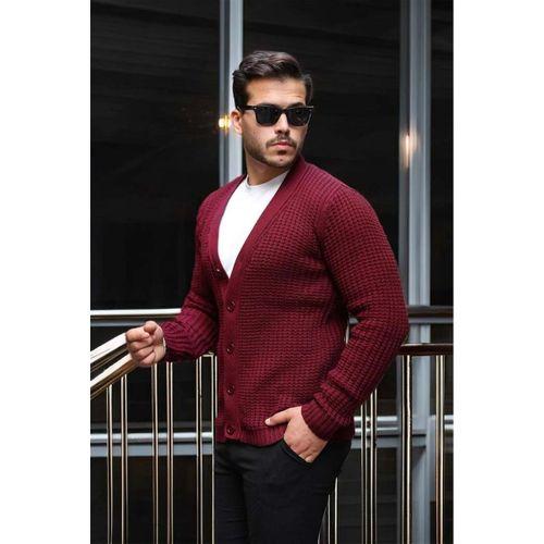 Nopenli Fitil Örgü Düğmeli Hırka - Bordo