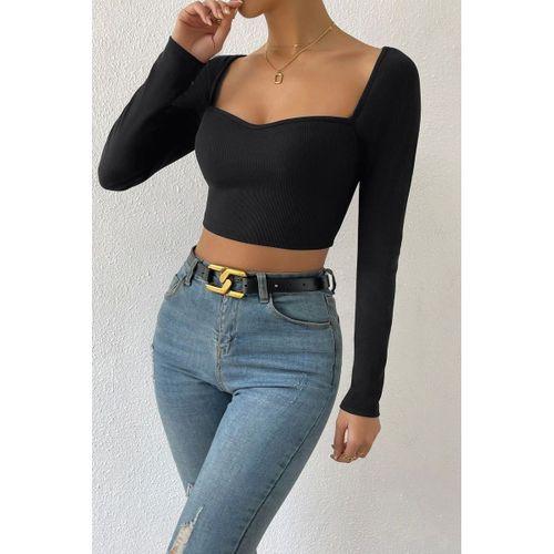 Kadın Siyah Modern Fit Uzun Kol Göğüs Dekolteli Şık Crop Top Bluz