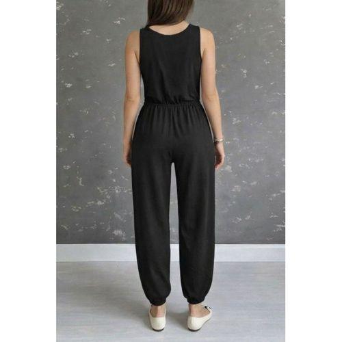 Kadın Askılı Yuvarlak Yakalı Cepli Viskon Tulum