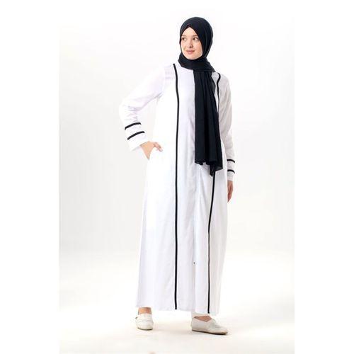 Uzun Kol Gülfem Fermuarlı Yazlık Şile Bezi Ferace Beyaz Byz