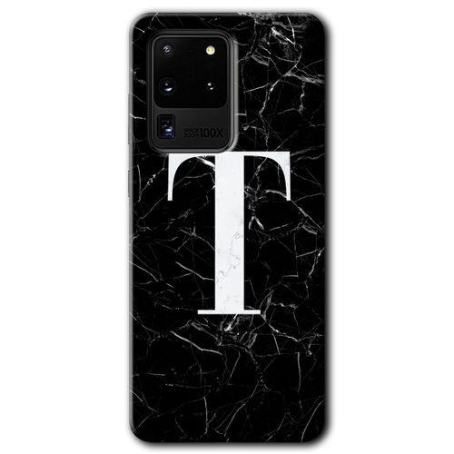 Samsung Galaxy S20 Ultra HD Baskılı Kılıf + 9D Tam Ekran Koruyucu - Siyah Mermer  T Harfi