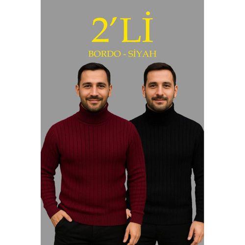Erkek Fitilli Triko Kazak 2li Set Bordo Siyah Regular Balıkcı Yaka Tam Boğazlı Triko Seti Modeli Kazak