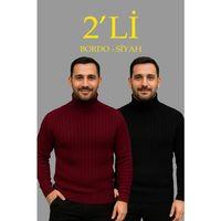 Erkek Fitilli Triko Kazak 2li Set Bordo Siyah Regular Balıkcı Yaka Tam Boğazlı Triko Seti Modeli Kazak