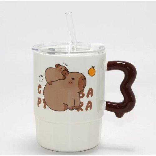 Sevimli Capybara Figürlü Kapaklı Porselen Kupa Bardak Alk5040