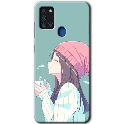 MRCİLETİSİM Samsung Galaxy A21s Kılıf Baskılı Kapak - Happy Girl +Tam Kaplayan Mat Seramik
