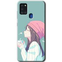 MRCİLETİSİM Samsung Galaxy A21s Kılıf Baskılı Kapak - Happy Girl +Tam Kaplayan Mat Seramik