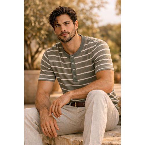 Kristof Pike Kumaş Regular Fit Düğmeli Yaka Kendinden Çizgili T-Shirt - Yeşil