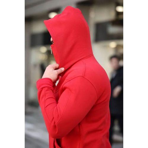 Erkek Maskeli Ninja Model Çift Kapüşonlu 3 İplik Şardonlu Fermuarlı Sweatshirt - Kırmızı
