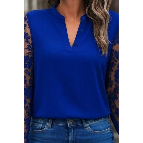 Kadın Uzun Kollu Yaka Düğme Detay Güpürlü Kol Krep Bluz