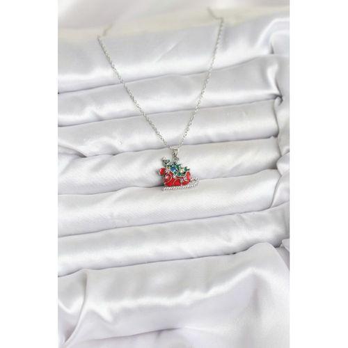 316L Çelik Zincir Gümüş Renk Kızak ve Çam Ağacı Figürlü Yılbaşı Temalı Kadın Kolye