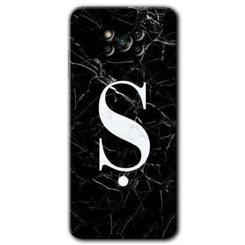 MRCİLETİSİM Poco x3 Pro Kılıf HD Desen Baskılı Arka Kapak + Temperli Cam - Siyah Mermer Desenli Ş Harfi