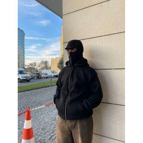 Samuray Ninja Çift Kapşonlu ZIP Fermuarlı Kanguru Çepli Tam Fermuarlı Hoodie Swetshirt - Siyah
