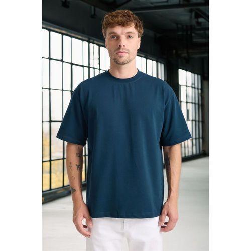 İki İplik Kumaş Pamuklu Bisiklet Yaka Basic Oversize Erkek T-Shirt - Prusya Mavisi