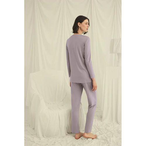 Uzun Kollu Düğmeli V Yaka Pijama Takımı