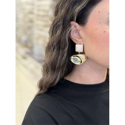 Taşlı Oval Küpe - Krem