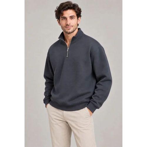 Erkek Üç İplik İçi Şardonlu Dik Yaka Yarım Fermuarlı Kışlık Sweatshirt - Füme