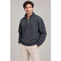 Erkek Üç İplik İçi Şardonlu Dik Yaka Yarım Fermuarlı Kışlık Sweatshirt - Füme