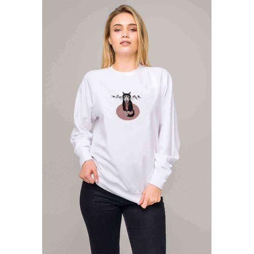 Kuşlar Ile Kravat Huysuz Kedi Grumpy Baskılı Beyaz Kadın Sweatshirt