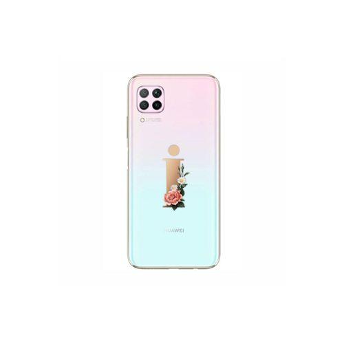 P40 Lite Şeffaf Kılıf Gold Renkli Çiçekli İ Harfli Desenli