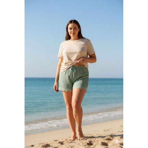 Düz Renk Mini Çiçek Desenli Penye Kadın Ev Şortu Bacak Dantel Detaylı Ev Giyim Yeşil